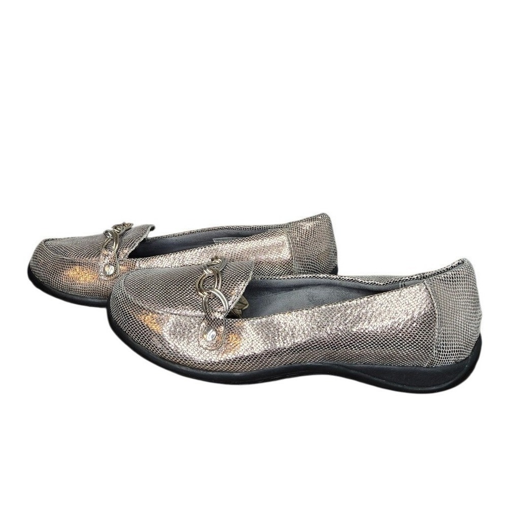 Vionic Metallic Snakeskin Loafers Orthotic Comfort Flats Horsebit Detail